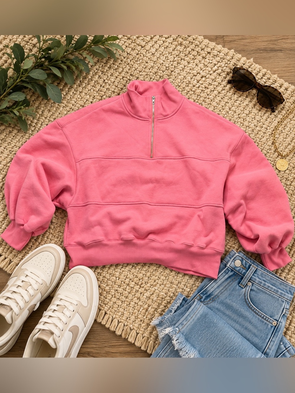 Papermoon Pink Half Zip Pullover Sweatshirt Medium Cropped Fleece Cozy